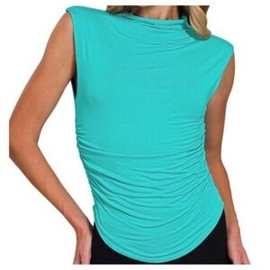 Zenana Women Teal Ruched Mock Neck Sleeveless Top - S
